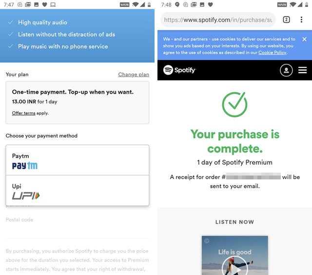 payment details spotify redeem token