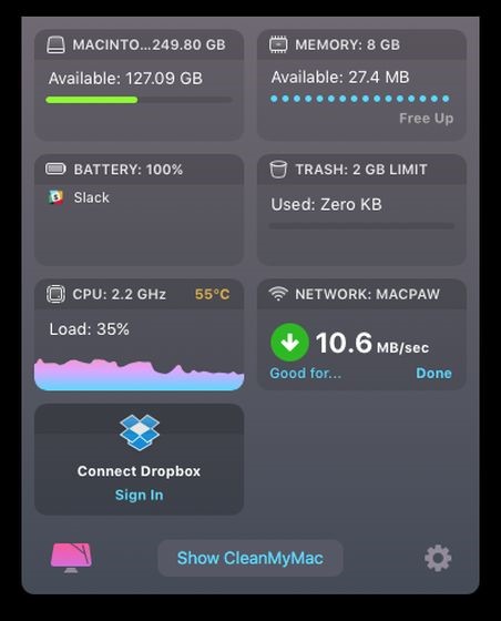 CleanMyMac X Menu app - test network speed