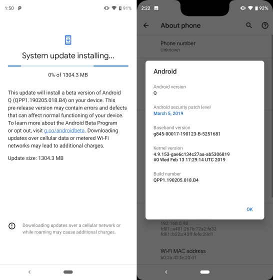 android Q beta 1 installed