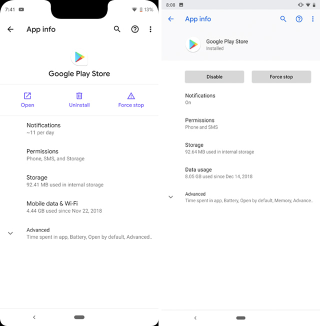 app info page android q vs android pie