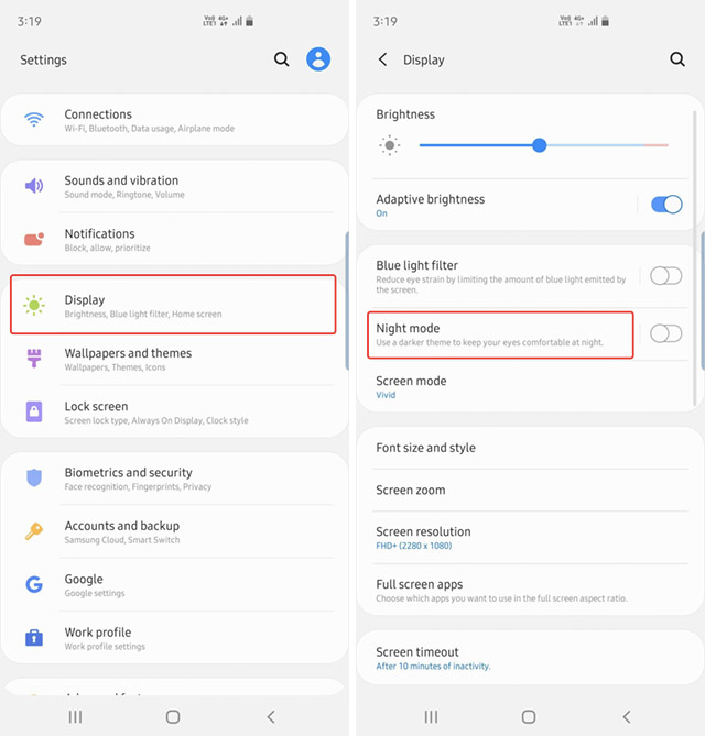 galaxy s10plus night mode scheduling step 1