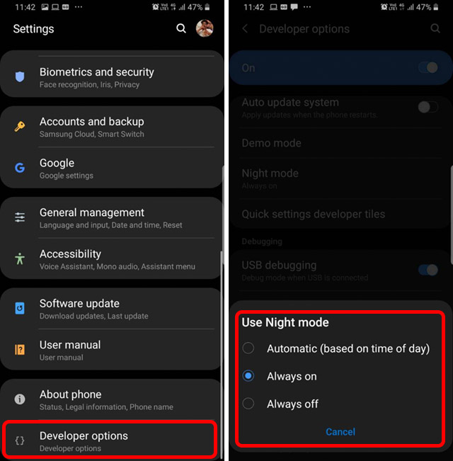 galaxy s9 plus night mode scheduling