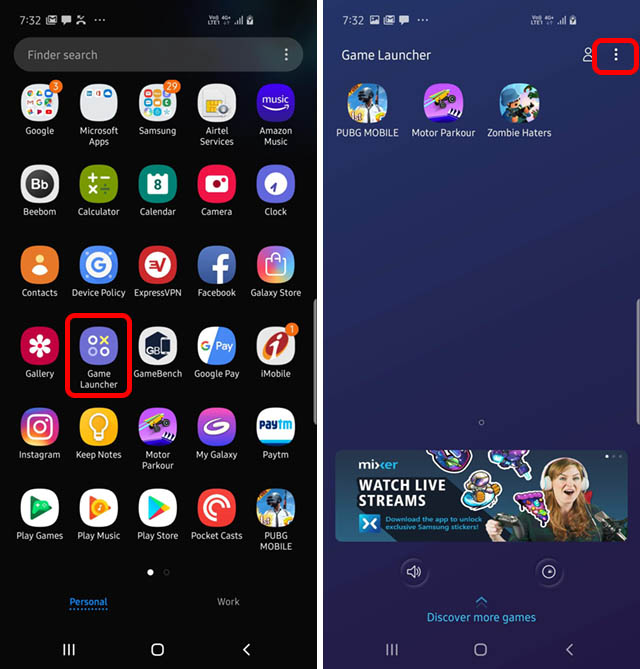 game launcher tap three dot icon