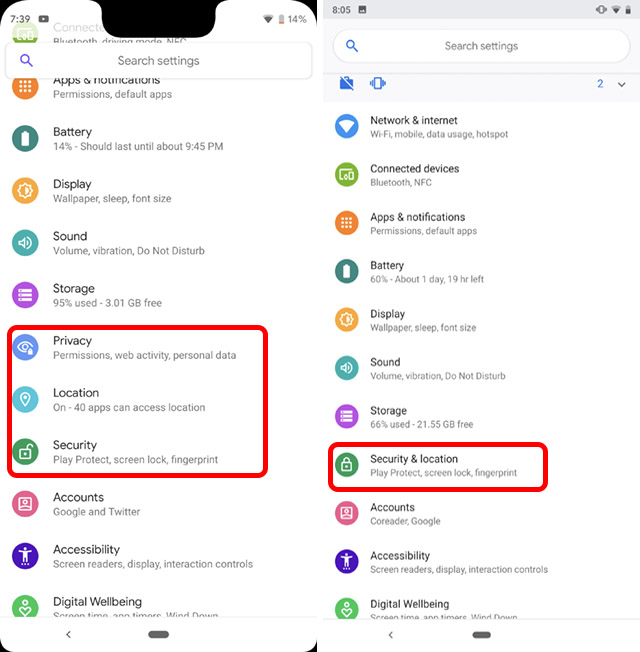 settings page revamped android q vs pie