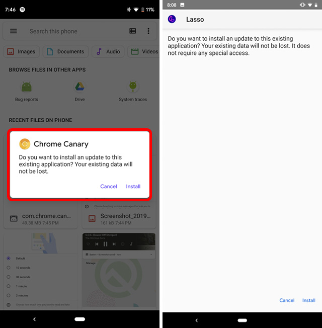 sideloading apps interface on android q vs android pie