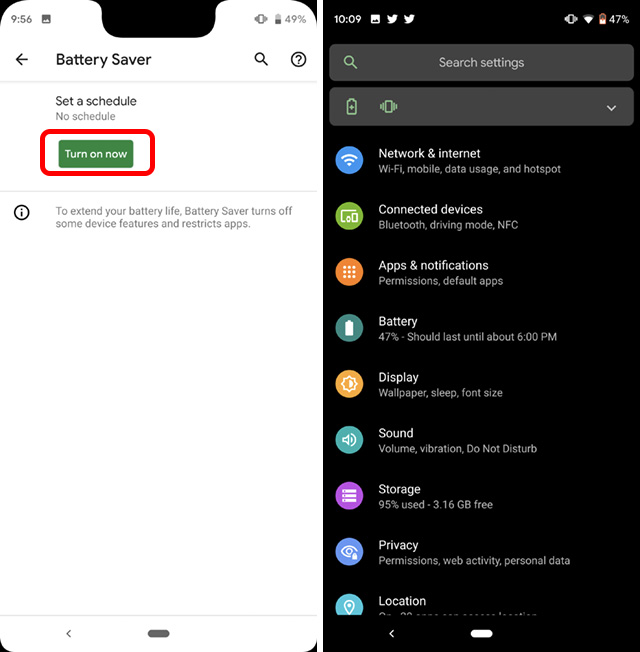 turn on battery saver get dark mode android q