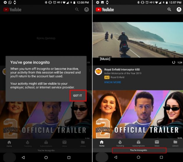 2. Use Incognito Mode in The YouTube App