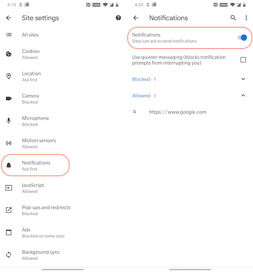 Managing Notificatitons on Google Chrome Mobile