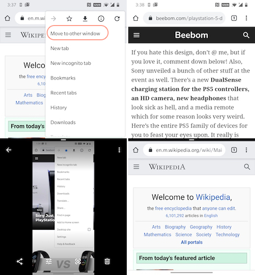 Using two chrome tabs in split screen mode on android