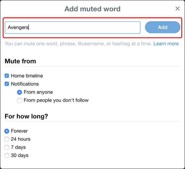 twitter add muted words avoid endgame spoilers