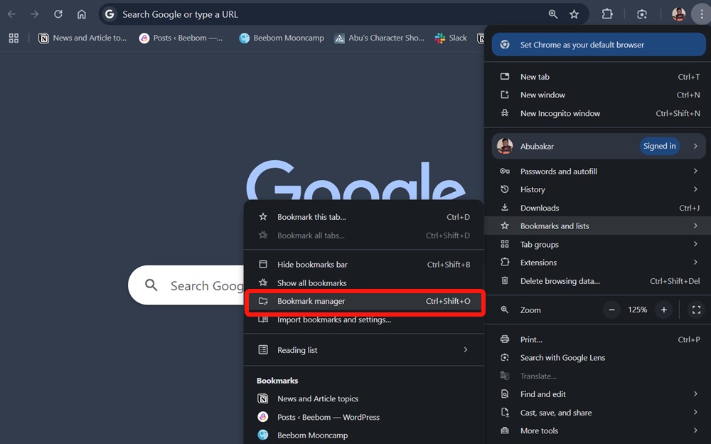 Bookmark manager option in Chrome three-dot menu