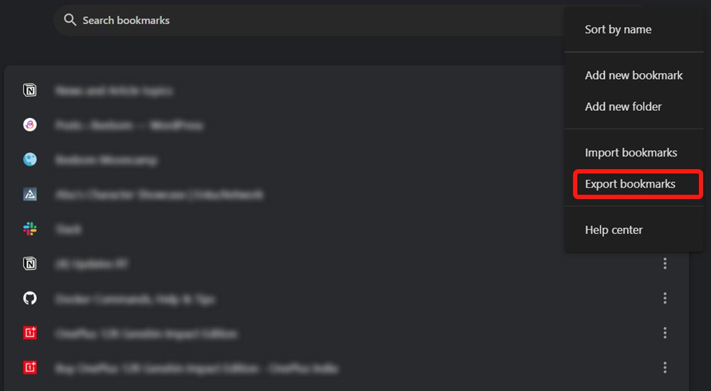 Chrome bookmark manager and export bookmarks option in three dot menu