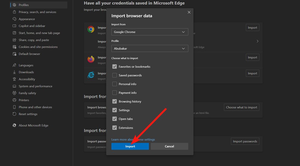 Microsoft Edge options to import with a click import option