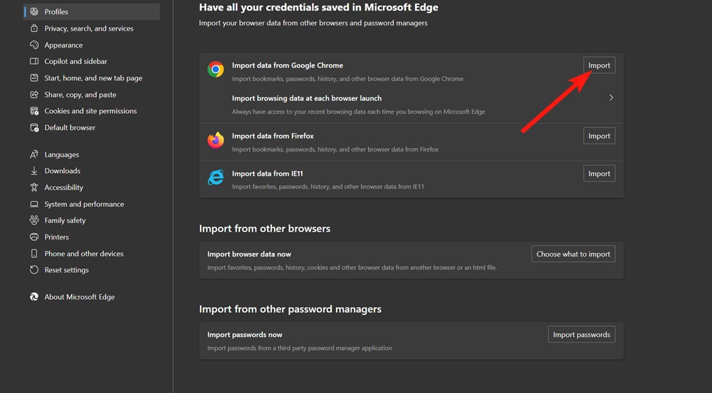 Microsoft Edge favorites import settings Import button beside Chrome