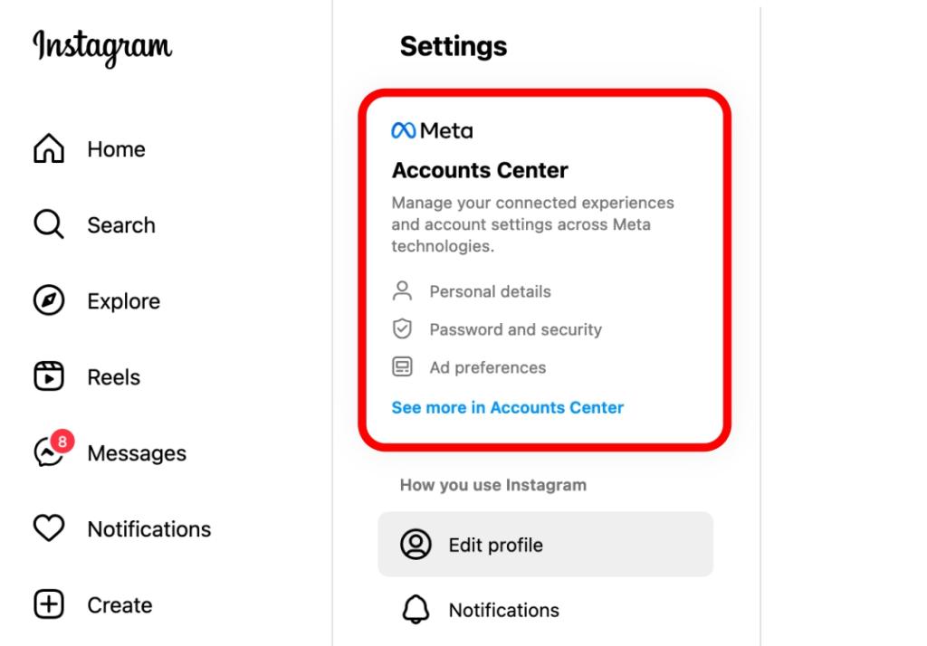 Launch Meta Accounts Center from Instagram Settings