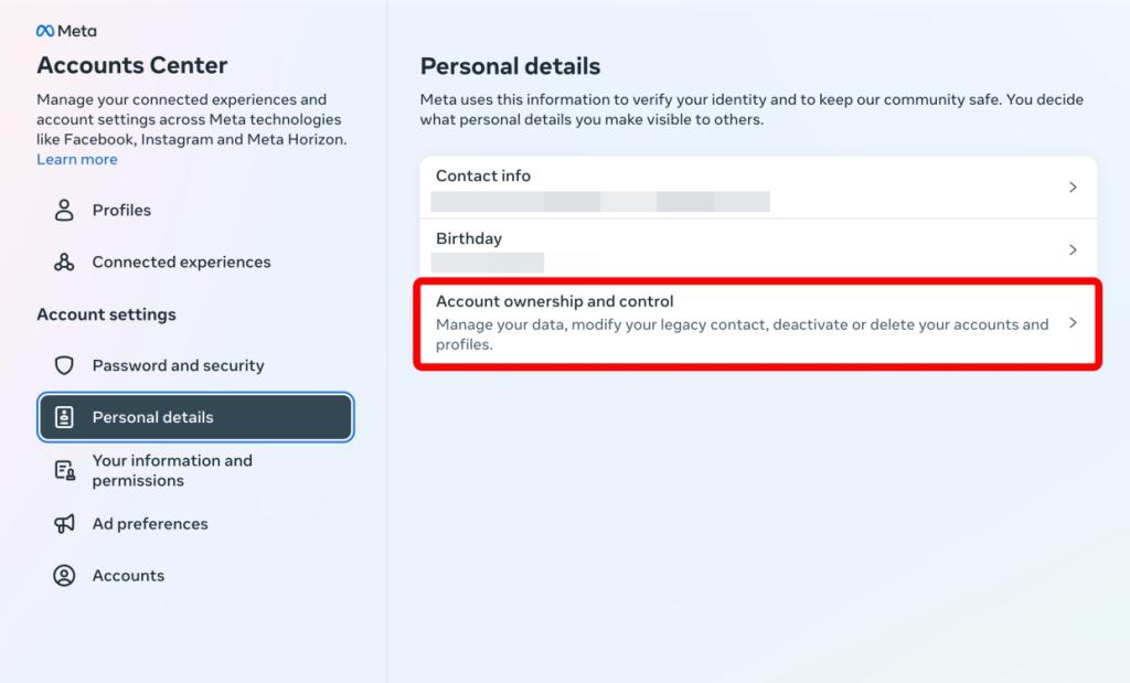 Access Account ownership and control from your account's Personal details