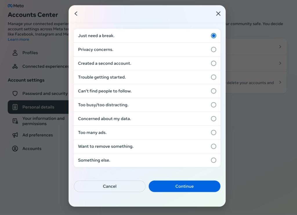 Choose a reason for account deactivation