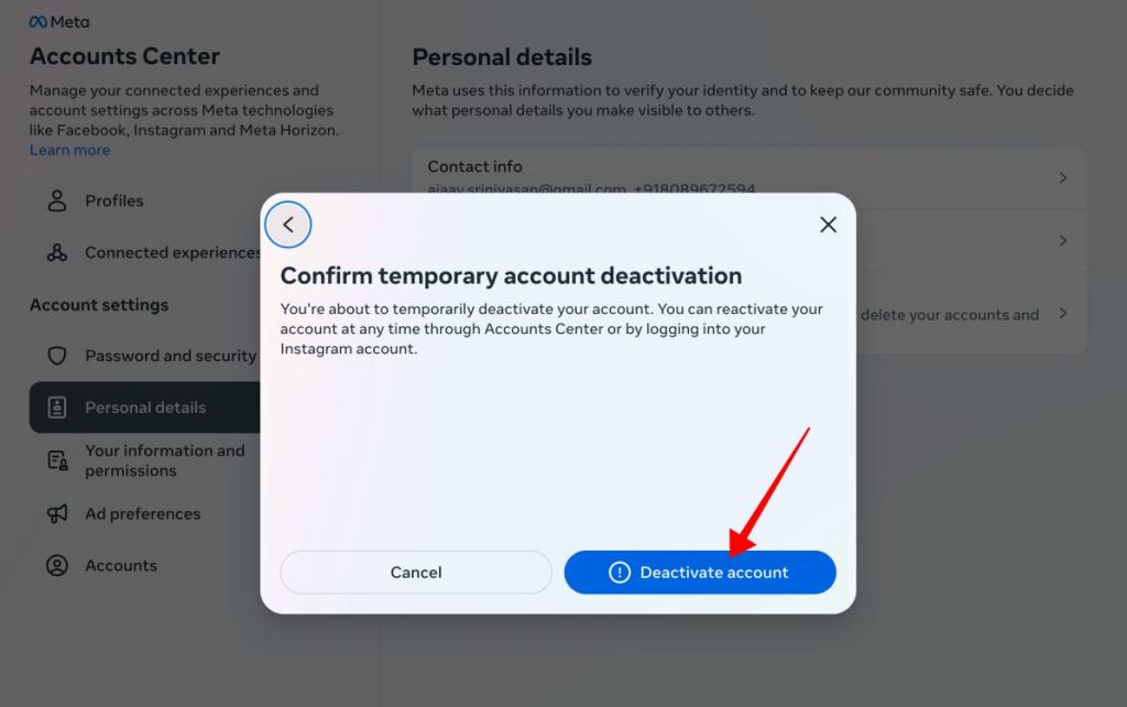 Click on Deactivate account to confirm Instagram deactivation