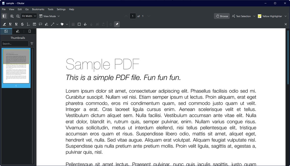 Okular PDF editor with sample pdf file open