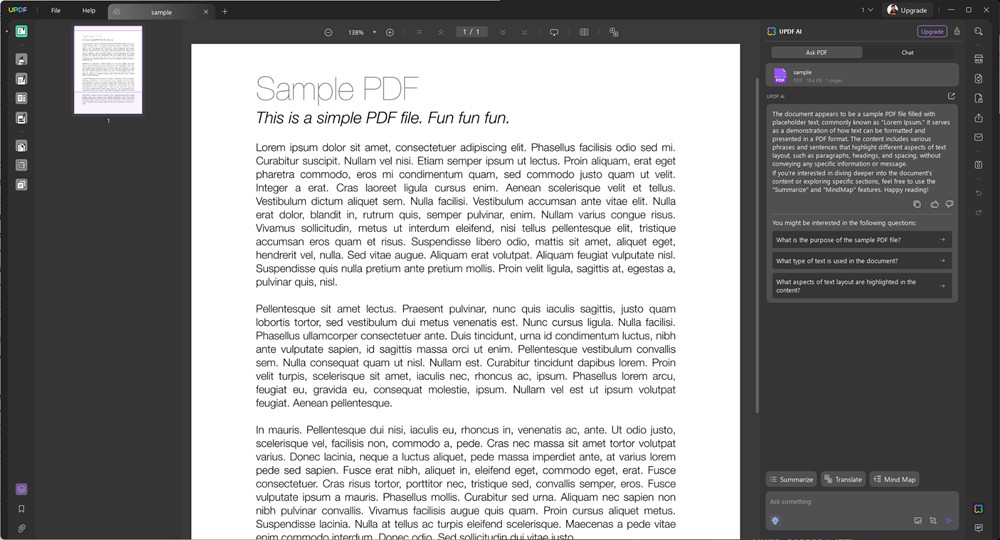 UPDF with Sample document and AI assistant