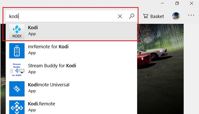 Busque kodi en la tienda de Microsoft