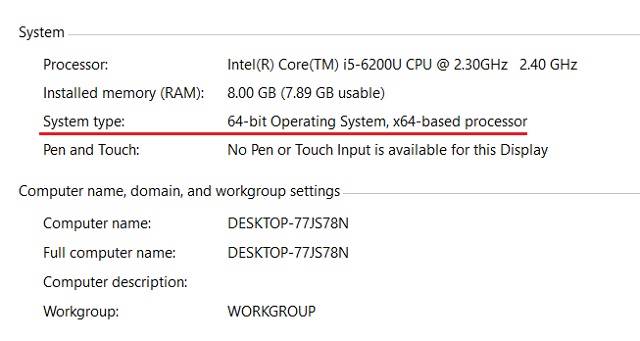 Screenshot of system properties with PC architecture highlighted