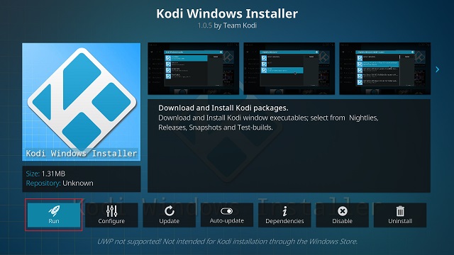 屏幕截圖顯示了Kodi中添加的運行按鈕