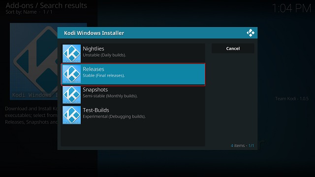 Choose the Kodi release to install