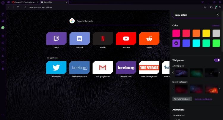 opera GX user interface