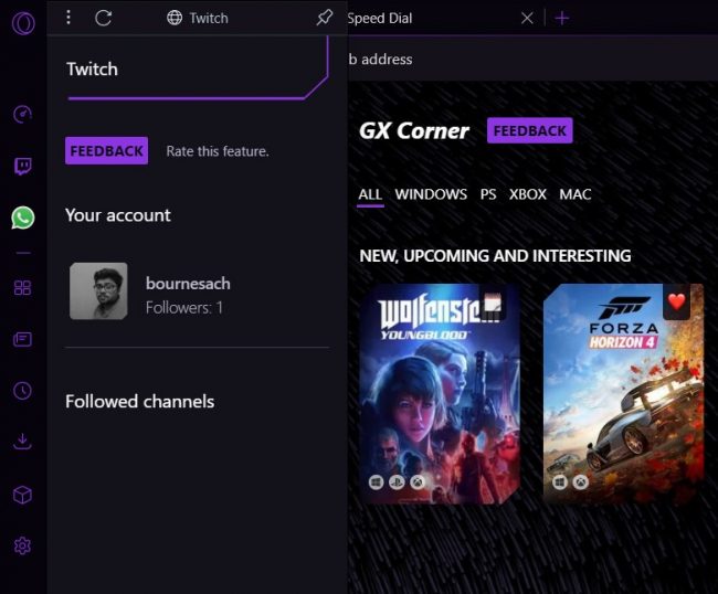 Opera GX - twitch integration