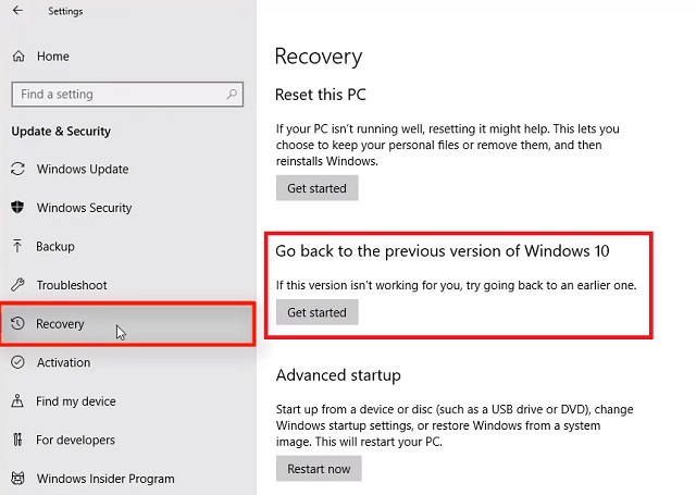 1. Downgrade Windows 10 from Settings 2