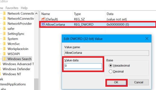 اضبط قيمة AllowCortana على 0