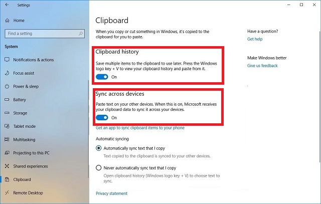 Sync clipboard on Windows 10 (May 2019 update)