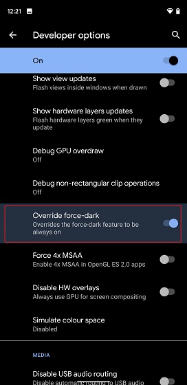 enable force dark mode android 2