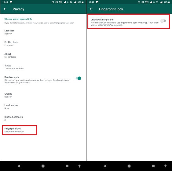 3. قم بتمكين قفل بصمات الأصابع على WhatsApp على Android