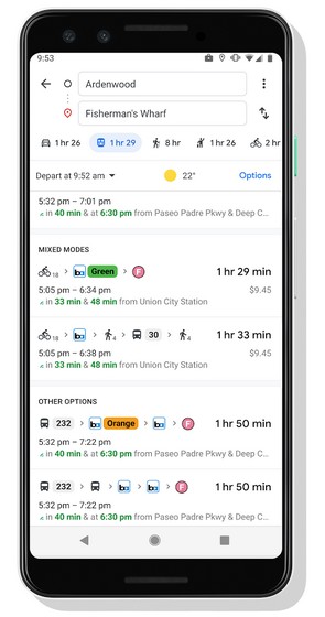 Google Maps Adds Biking and Ridesharing Info to Transit Directions