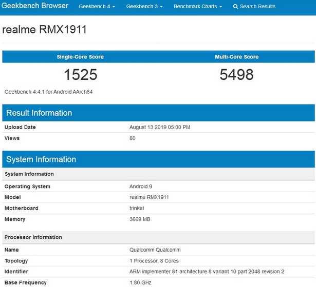 Possible Realme 5 Spotted on Geekbench With Snapdragon 655, 4GB RAM