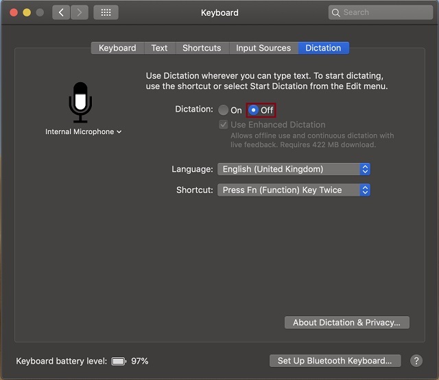 Turn off Dictation on Mac