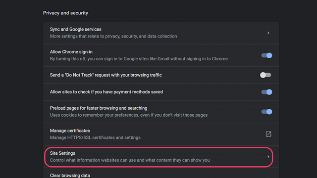 chrome site settings