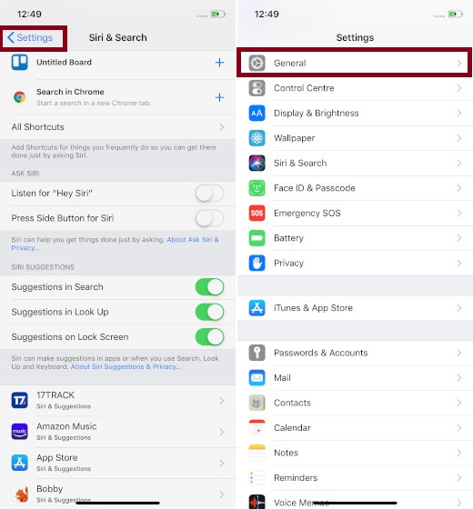 Choose General in iOS Settings 