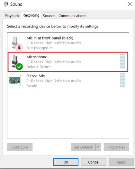 2. Configure Microphone Settings from Control Panel (2) Fix Microphone Issues on Windows 10