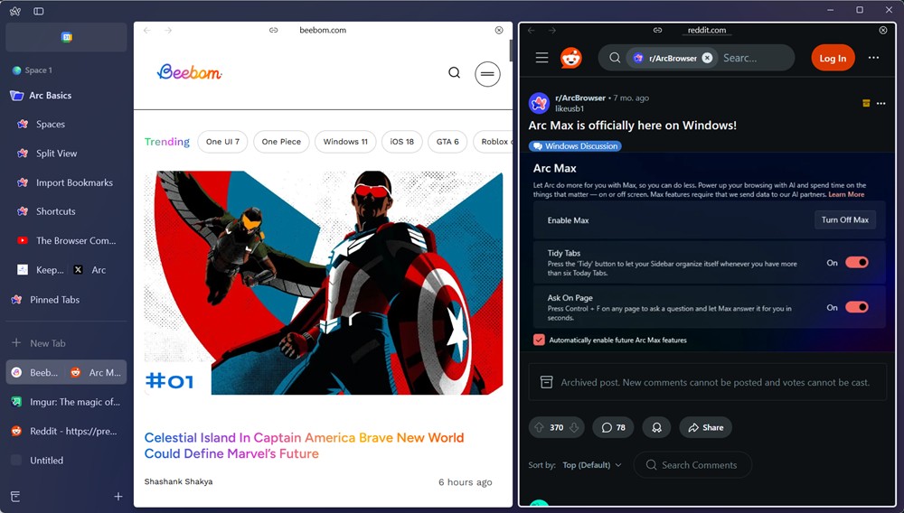 Arc browser in split screen