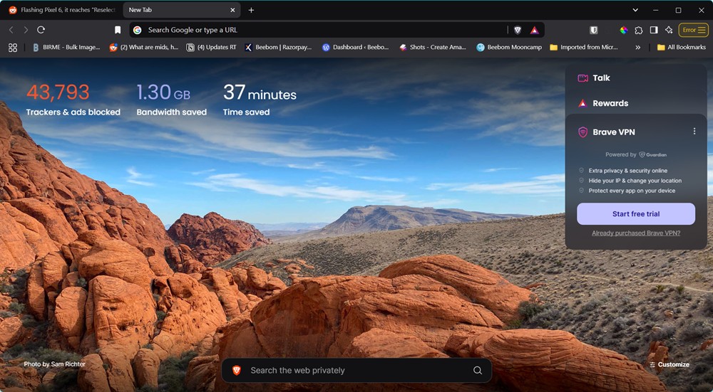 Brave browser home page with a few open tabs and brave vpn