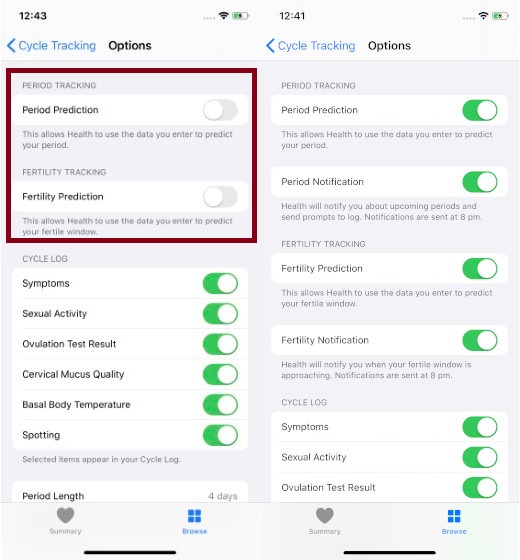 Enable notification for Period and Fertility tracking