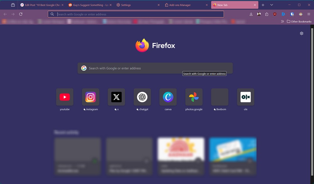 Firefox home page with recents tabs