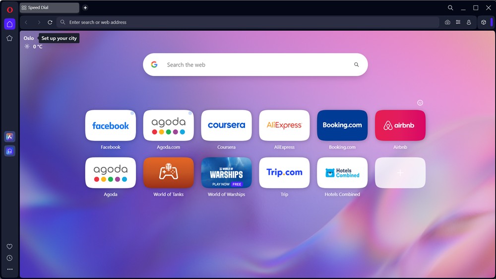 Opera Browser home page with side bar
