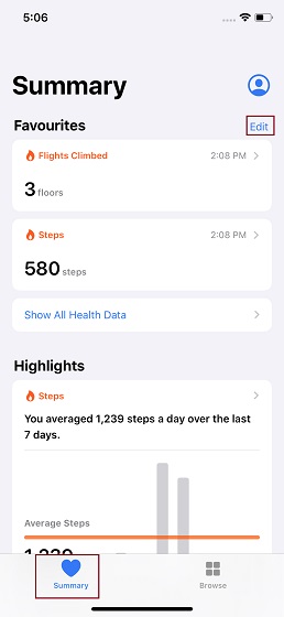 Tap on the Summary tab in the Health app on iPhone