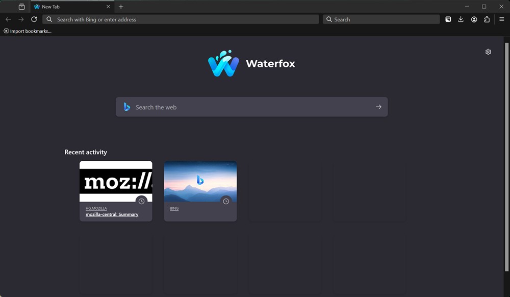 Waterfox browser home page