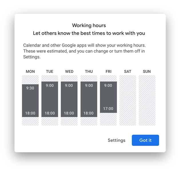 Working Hours - On boarding dialog