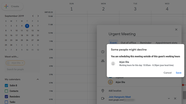 google calendar outside hours warning